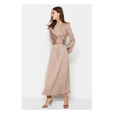 Trendyol Beige Cross-Lace Detailed Satin Evening Dress