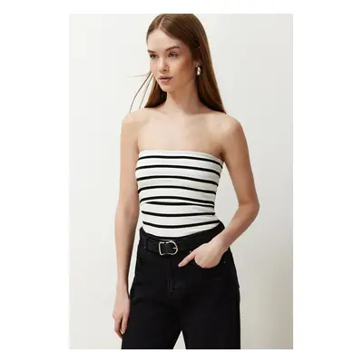 Trendyol Black Striped Strapless Ribbed Stretchy Knitted Blouse