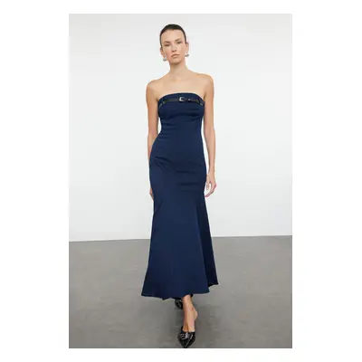 Trendyol Dark Blue Strapless Belted Maxi Denim Dress