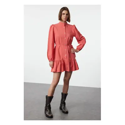 Trendyol Dusty Rose Belted Plain Mini Belted Long Sleeve Mini Woven Dress