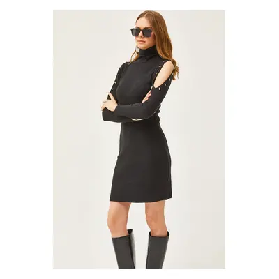 Olalook Women's Black Decollete Decollete Bead Detailed Turtleneck Raised Dress