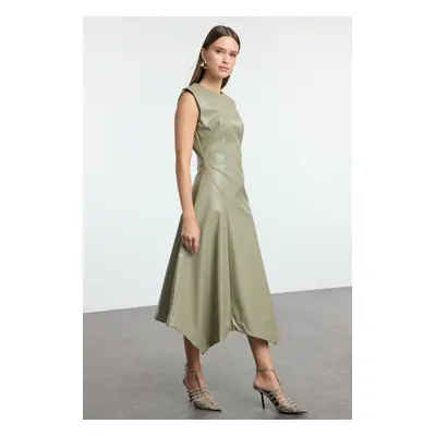 Trendyol Khaki Faux Leather Padded Midi Woven Dress