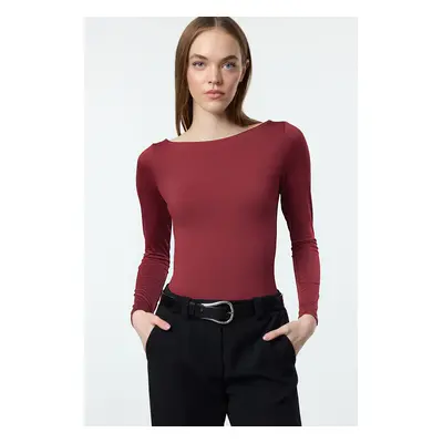 Trendyol Dark Cherry Fitted Long Sleeve Bateau Neck Stretchy Snap Fastener Knitted Bodysuit