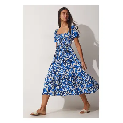 Happiness İstanbul Women's Blue Floral Patterned Summer Viscose Dress