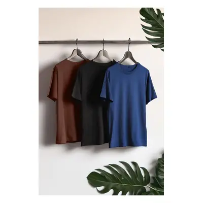 Trendyol Black-Brown-Navy Blue Basic Slim 100% Cotton 3-Pack Short Sleeve T-Shirt