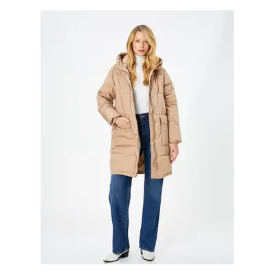 Koton Long Down Coat Zipper Hooded Flap Pocket