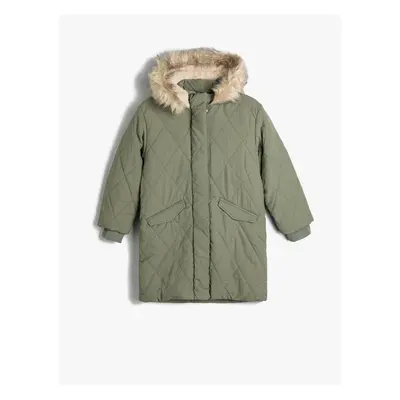 Koton Oversize Long Coat Quilted Faux Fur Detail Hooded Inner Plush Lined Covered Pocket Zipper