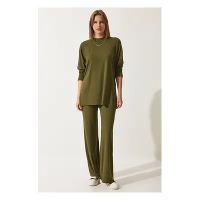 Happiness İstanbul Women's Khaki Ribbed Knitted Blouse Pants Suit