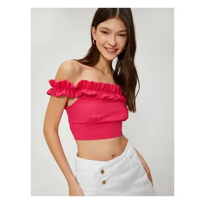 Koton Madonna Collar Off Shoulder Blouse Crop Ruffle Textured Viscose Blend