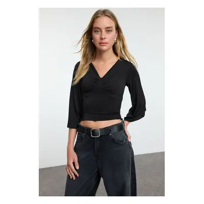 Trendyol Black Gathered/Draped Detailed Three Quarter Sleeve Flexible Knitted Blouse