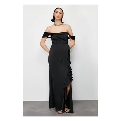 Trendyol Black Flounce Woven Satin Long Evening Evening Dress