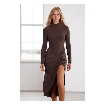 Trendyol Limited Edition Brown Stone Printed Knitted Elegant Evening Dress