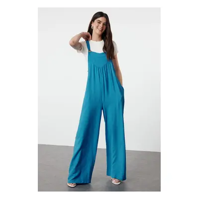 Trendyol Indigo Gilet Form Wide Leg Maxi Linen Look Woven Jumpsuit