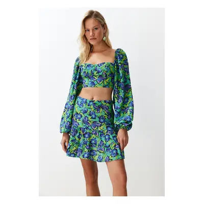 Trendyol Floral Pattern Woven Balloon Sleeve Blouse and Skirt Suit