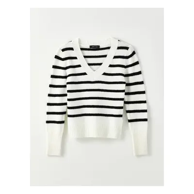 LC Waikiki Women's V-Neck Striped Long Sleeve Knitwear Sweater