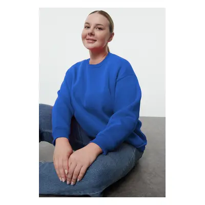 Trendyol Curve Blue Oversize/Relaxed Fit Basic Crew Neck Thick/Polar Inside Knitted Sweatshirt