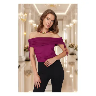 Trendyol Plum Carmen Neck Knitted Tulle Bodysuit