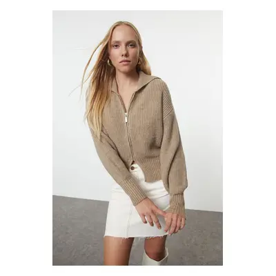 Trendyol Mink More Sustainable Soft Texture Zippered Turn-down Collar Knitwear Cardigan