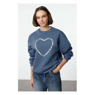 Trendyol Indigo Oversize/Wide Pattern Back Printed Thick Inside Polar Fleece Knitted Sweatshirt