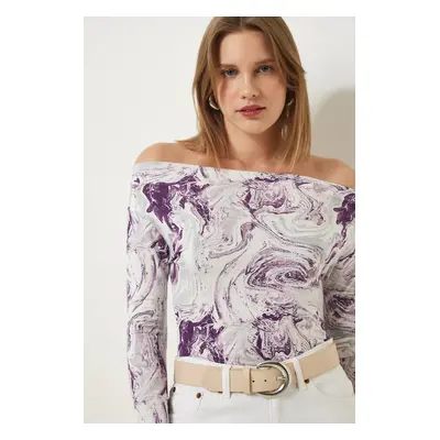 Happiness İstanbul Women's Purple Boat Neck Patterned Viscose Knitted Blouse