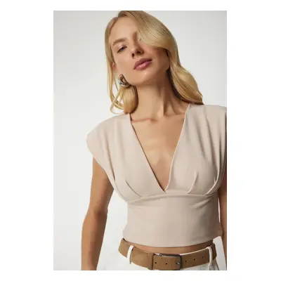 Happiness İstanbul Women's Beige Light Decollete Crop Blouse