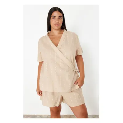 Trendyol Curve Beige Double Breasted Stripe Detailed Woven Pajama Set