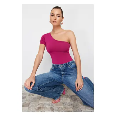 Trendyol Fuchsia Fitted/Body-Sitting Asymmetric Collar Single Arm Snap Fastener Stretch Knitted 