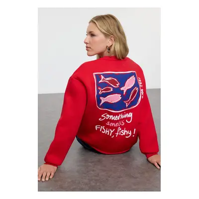 Trendyol Red Printed Oversize/Wide Pattern Crew Neck Thick Polar Fleece Knitted Sweatshirt