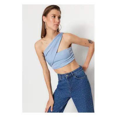 Trendyol modrý pletený třpytivý crop top bustier