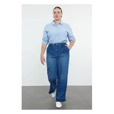 Trendyol Curve Blue High Waist Belt With Knit Detail Wide Leg Plus Size Jenas