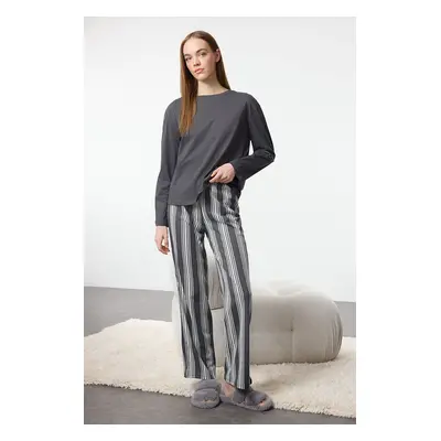 Trendyol Anthracite 100% Cotton Striped Knitted Pajama Set