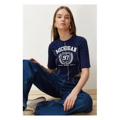 Trendyol Navy Blue 100% Cotton Slogan Printed Sewing Detailed Asymmetric Crop Knitted T-Shirt