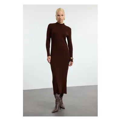 Trendyol Dark Brown Basic Stand Collar Knit Dress