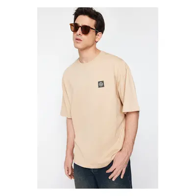 Trendyol Beige Oversize Compass Labeled 100% Cotton T-Shirt