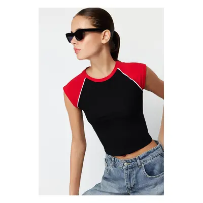 Trendyol Black Color Block Slim Crew Neck Cotton Flexible Knitted T-Shirt