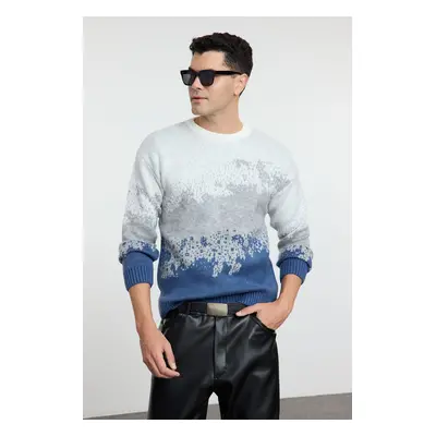 Trendyol Indigo Unisex Crew Neck Landscape Knit Sweater