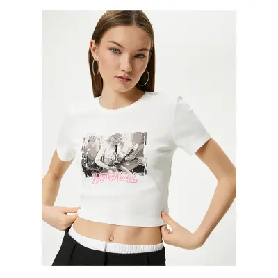 Koton Printed Crop T-Shirt Short Sleeve Crew Neck Cotton