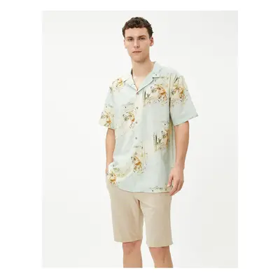 Koton Short Sleeve Shirt Turn-down Collar Tiger Printed Cotton