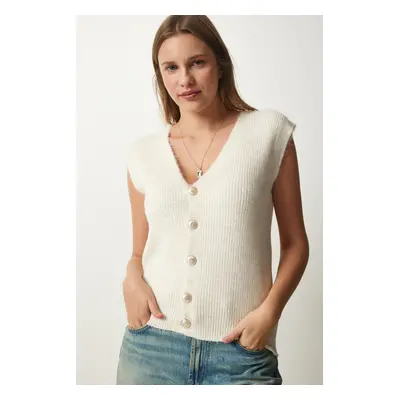 Happiness İstanbul Women's Cream Wool Knitwear Vest with Metal Buttons