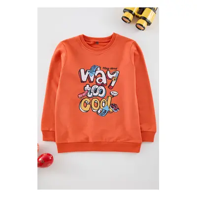 Trendyol Orange Boy Slogan Cotton Knitted Sweatshirt