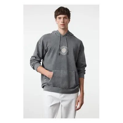 Trendyol Anthracite Oversize/Wide Cut Text Back Printed Hooded Faded Effect Sweatshirt