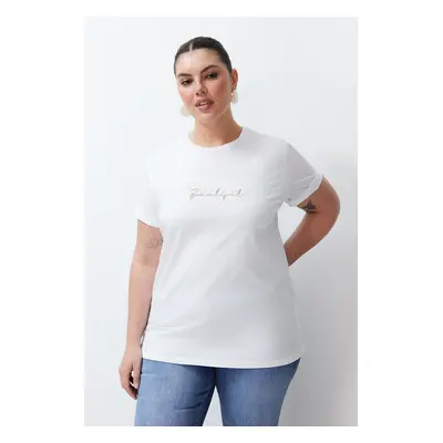 Trendyol Curve White Print and Embroidery Detailed Boyfriend Knitted T-shirt