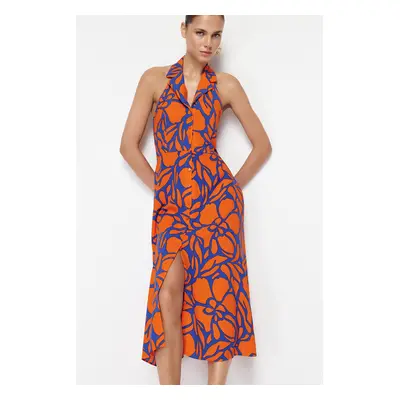 Trendyol Orange Floral Viscose Midi Woven Dress with Shirt Collar