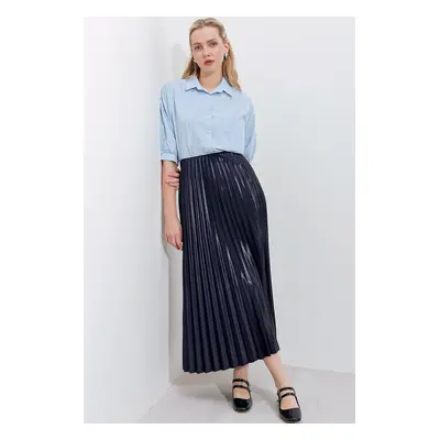 Bigdart Leather Look Pleated Skirt - Navy Blue