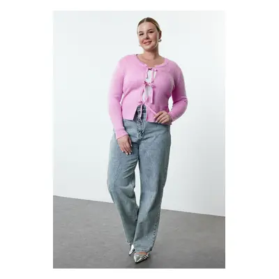 Trendyol Curve Lilac Bow Tied Thin Knitted Cardigan