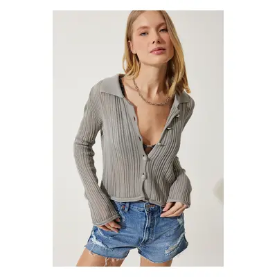 Happiness İstanbul Women's Gray Lightweight Transparent Polo Collar Summer Knitwear Cardigan