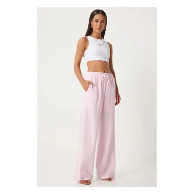 Happiness İstanbul Women's Light Pink Loose Cut Linen Trousers