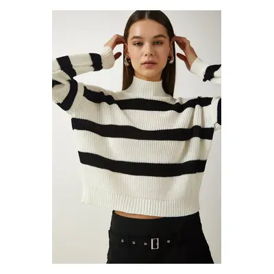 Happiness İstanbul Women's Ecru High Neck Striped Knitwear Sweater