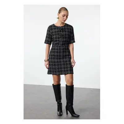 Trendyol Black Checkered A-Line Bow Detailed Mini Woven Tweed Dress