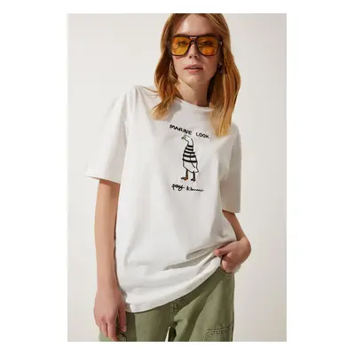 Happiness İstanbul Women's White Embroidery Oversize Knitted T-Shirt